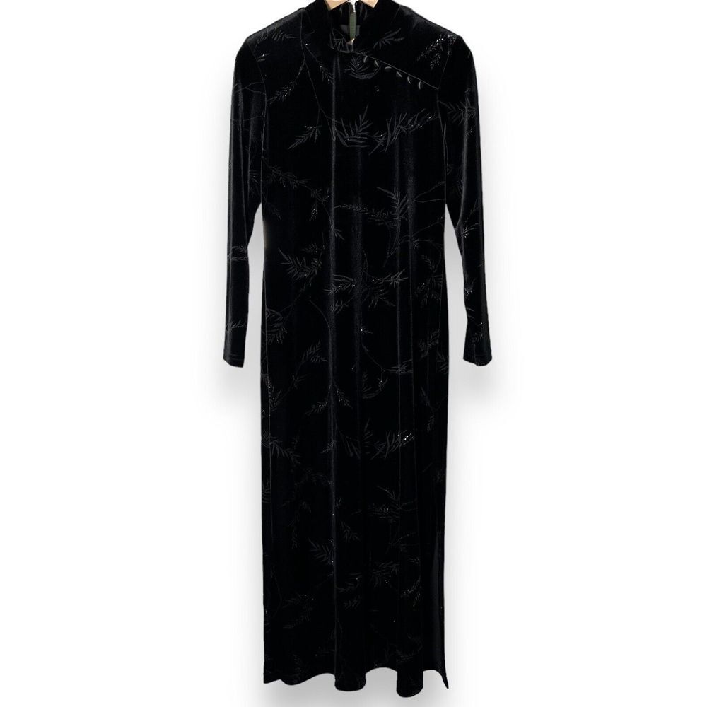 Vintage K.C. Spencer New York‎ Black Velvet Cheongsam Glitter Floral Dress Sz 12